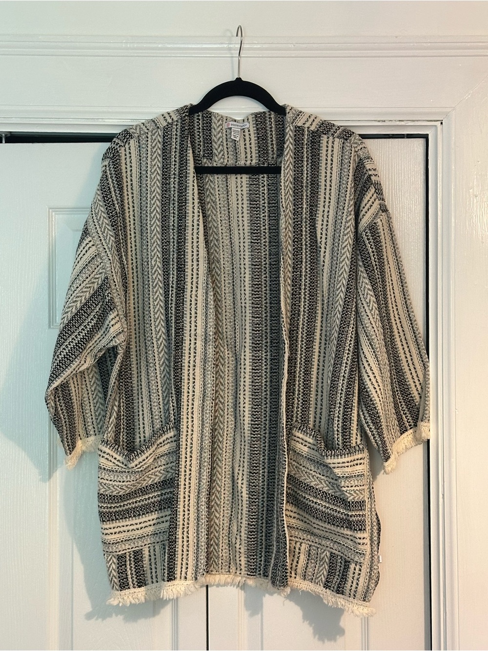 Sisstrevolution Bohemian Striped Open-Front Jacket — Cream & Black